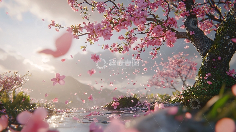 高清大图下载【趣麦麦图】唯美樱花树下落花场景