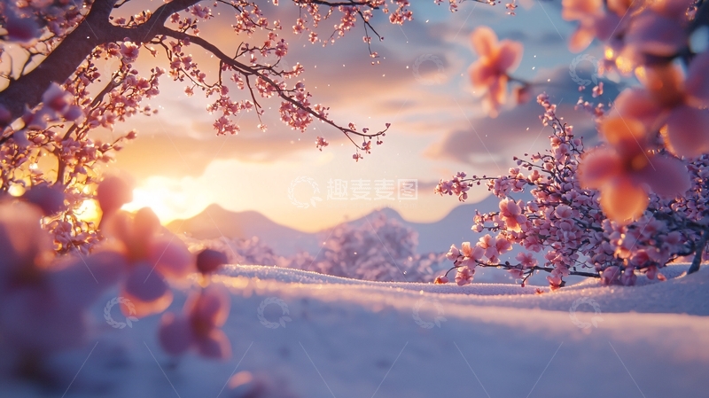 高清大图下载【趣麦麦图】冬日雪景下的粉色花朵