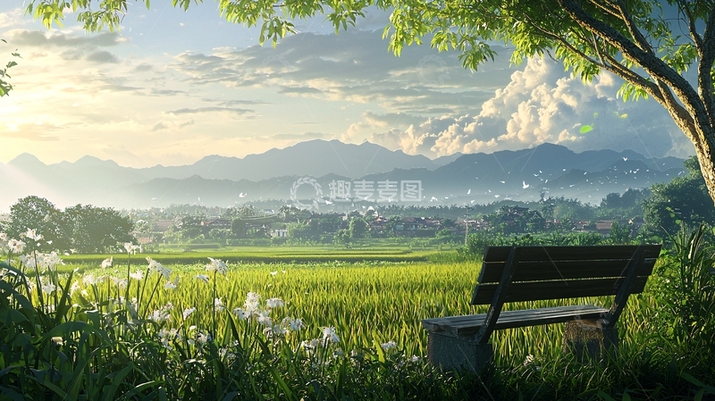 高清大图下载【趣麦麦图】清晨田园长椅风景图