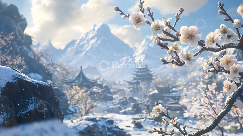 高清大图下载【趣麦麦图】雪山古镇梅花盛开