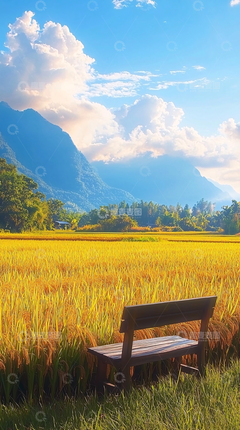 高清大图下载【趣麦麦图】金黄稻田木椅山景