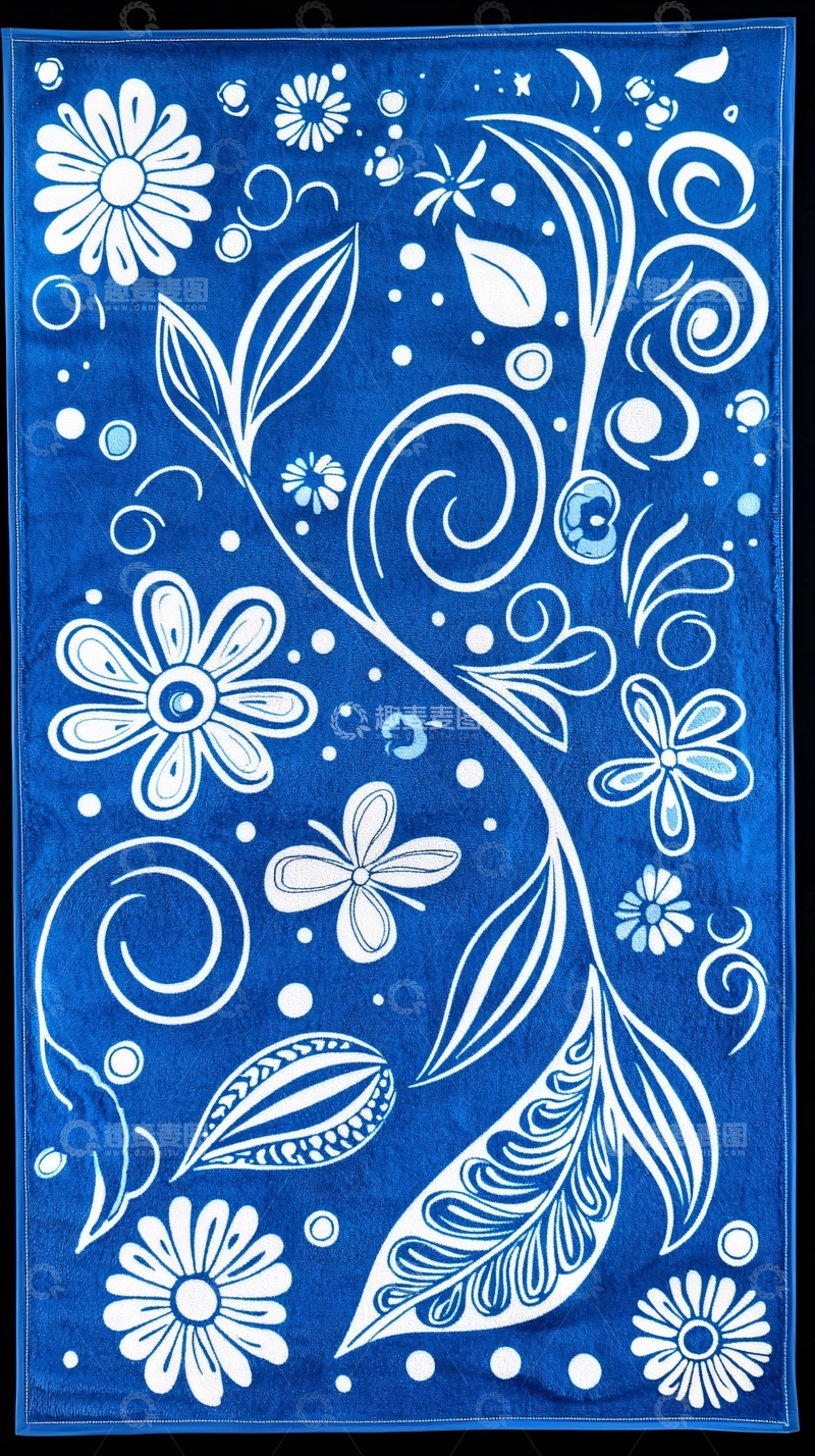 高清大图下载【趣麦麦图】蓝色花卉图案浴巾
