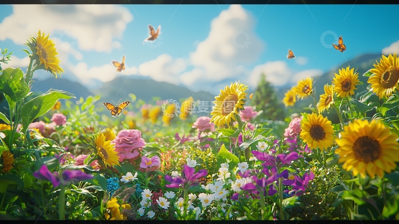 高清大图下载【趣麦麦图】向日葵花田蝴蝶飞舞