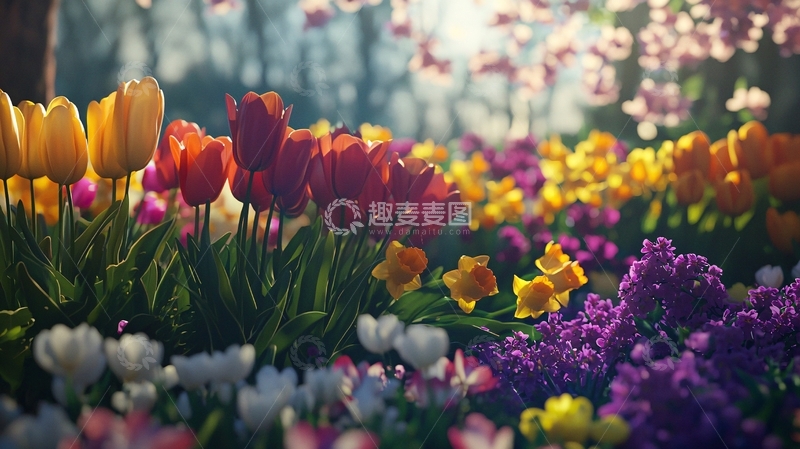 高清大图下载【趣麦麦图】阳光下的五彩缤纷郁金香花田