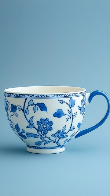 蓝色花卉图案茶杯