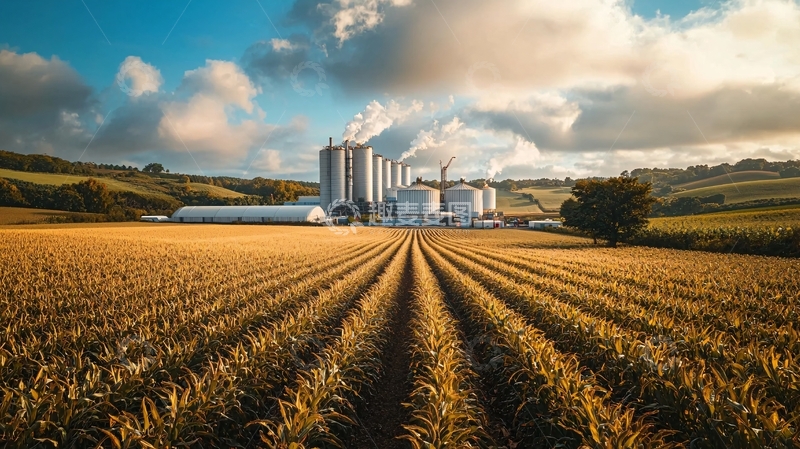 高清大图下载【趣麦麦图】金色麦田中的工业建筑