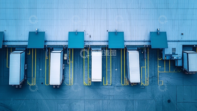 高清大图下载【趣麦麦图】俯瞰卡车停靠在仓库