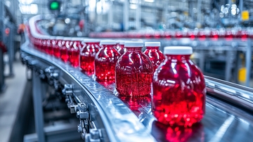 红色饮料瓶在生产线