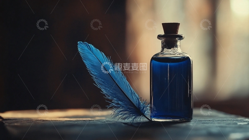 高清大图下载【趣麦麦图】蓝色墨水瓶羽毛