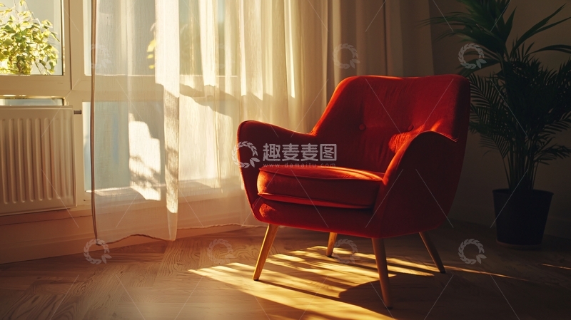 高清大图下载【趣麦麦图】阳光透过窗帘洒在红色扶手椅上
