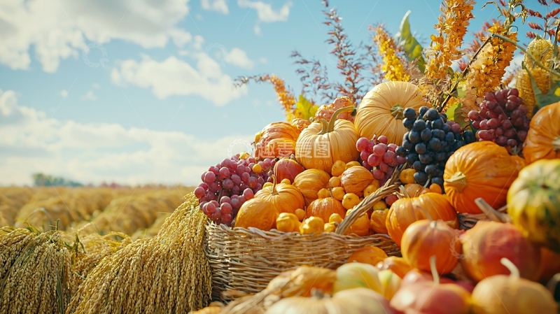 高清大图下载【趣麦麦图】丰收的田野里南瓜和葡萄