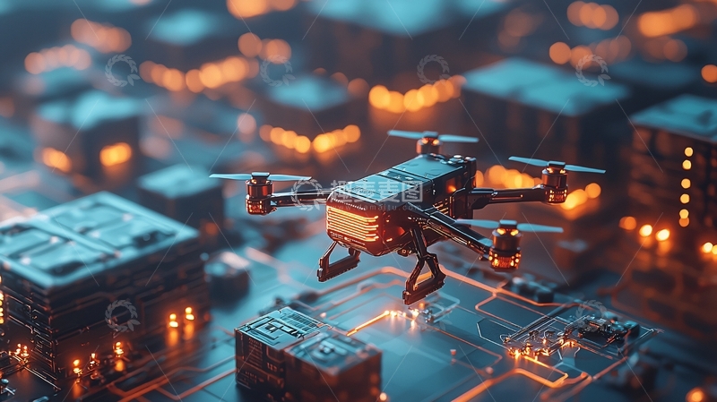 高清大图下载【趣麦麦图】夜间城市上空盘旋的无人机