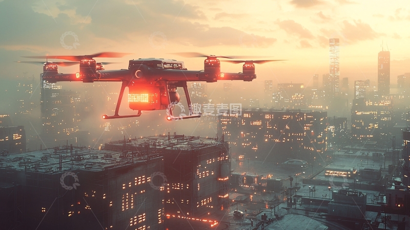高清大图下载【趣麦麦图】城市夜景中的无人机飞行