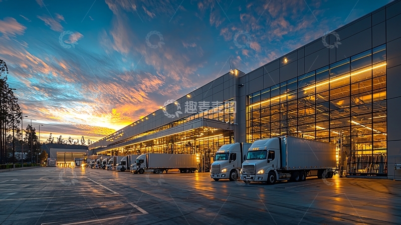 高清大图下载【趣麦麦图】大型仓库前的卡车运输