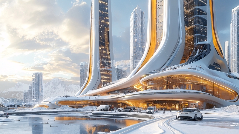 高清大图下载【趣麦麦图】未来主义雪景城市建筑