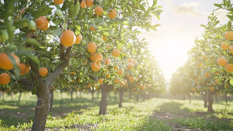 高清大图下载【趣麦麦图】阳光下成熟的橘子果园