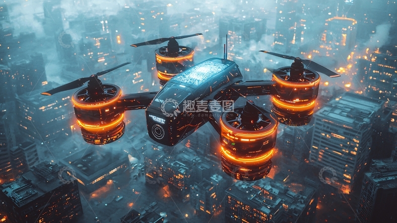 高清大图下载【趣麦麦图】赛博朋克无人机在城市上空