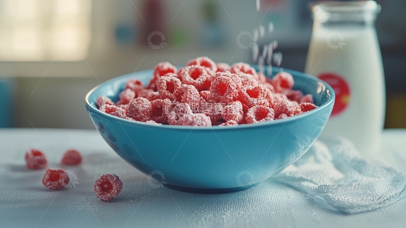 高清大图下载【趣麦麦图】蓝碗里覆盆子味麦片