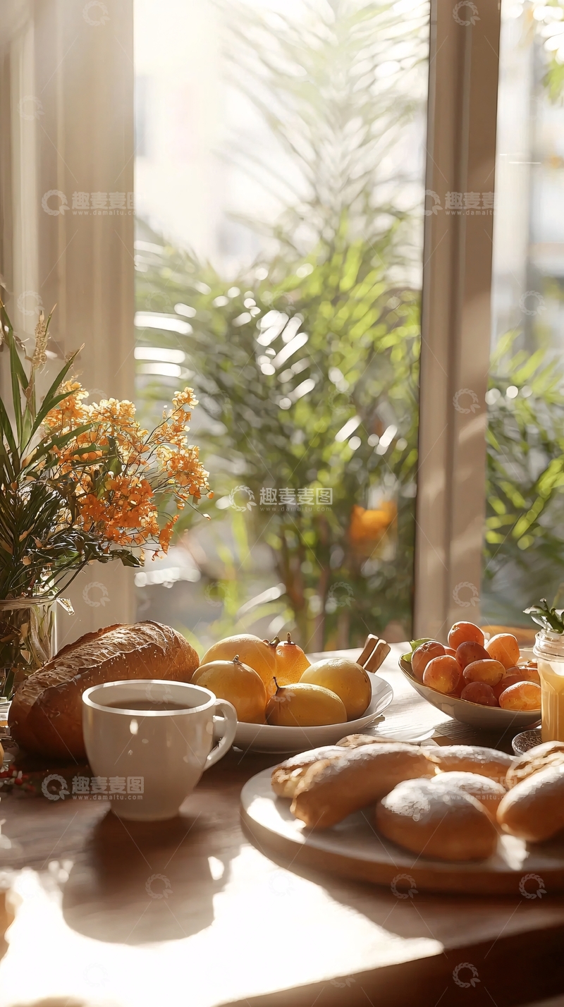 高清大图下载【趣麦麦图】阳光洒进窗台的早餐