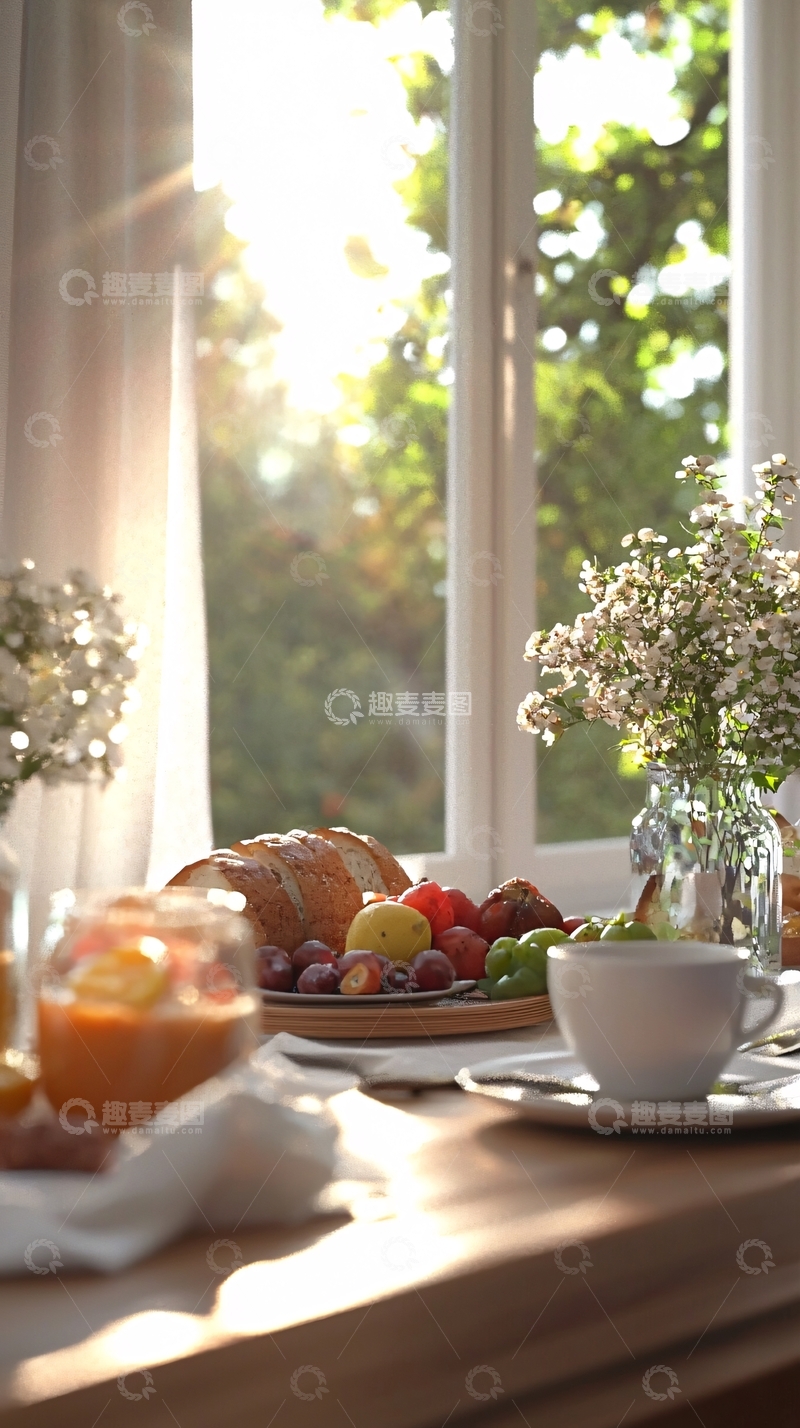 高清大图下载【趣麦麦图】阳光洒进窗台的早餐时光