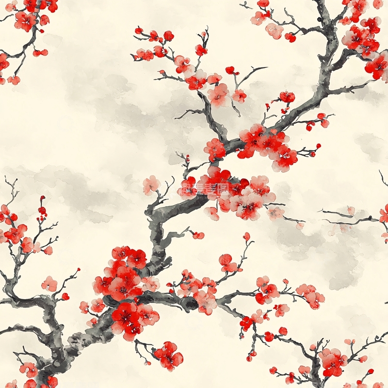 高清大图下载【趣麦麦图】红梅水墨风格枝干图案