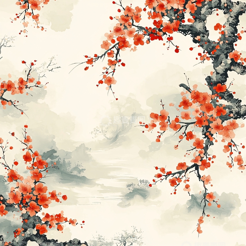高清大图下载【趣麦麦图】水墨红色梅花枝条