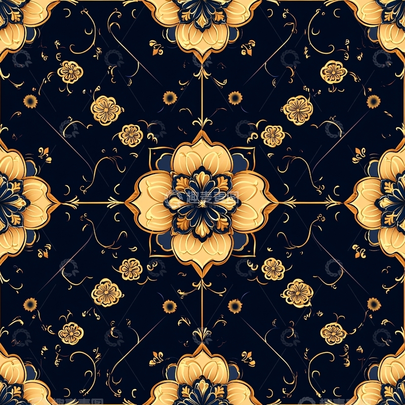 高清大图下载【趣麦麦图】金色花纹深蓝色底