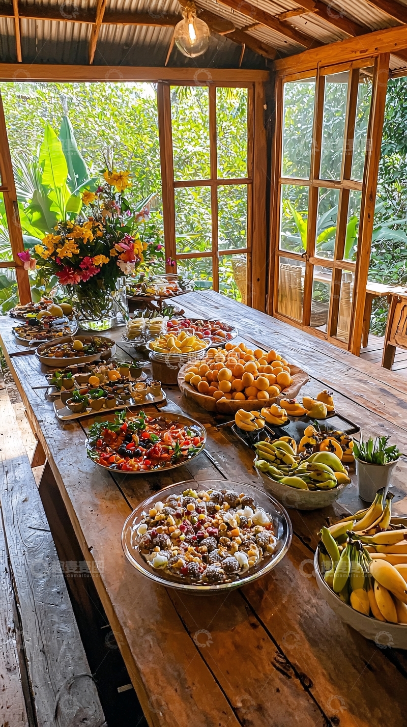 高清大图下载【趣麦麦图】木质长桌丰盛早餐