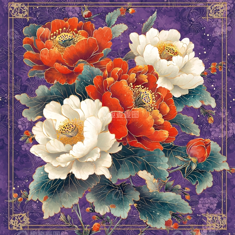 高清大图下载【趣麦麦图】红色白色牡丹花在紫色背景上