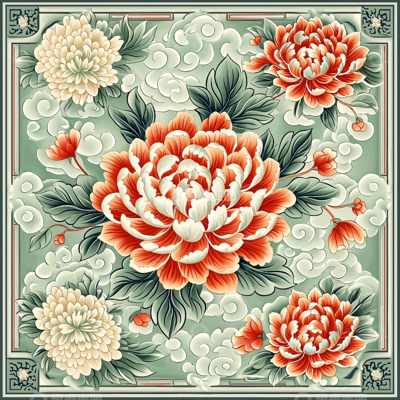 高清大图下载【趣麦麦图】国风牡丹祥云背景图案