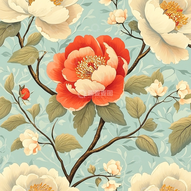 高清大图下载【趣麦麦图】白色牡丹红色牡丹交织