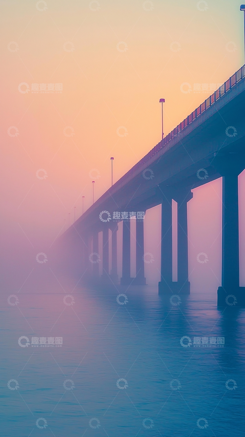 高清大图下载【趣麦麦图】雾霭桥梁日出