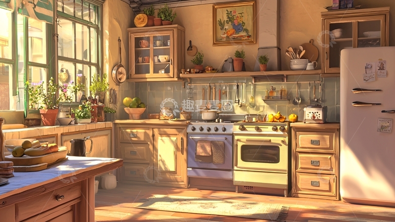高清大图下载【趣麦麦图】阳光洒落的复古厨房
