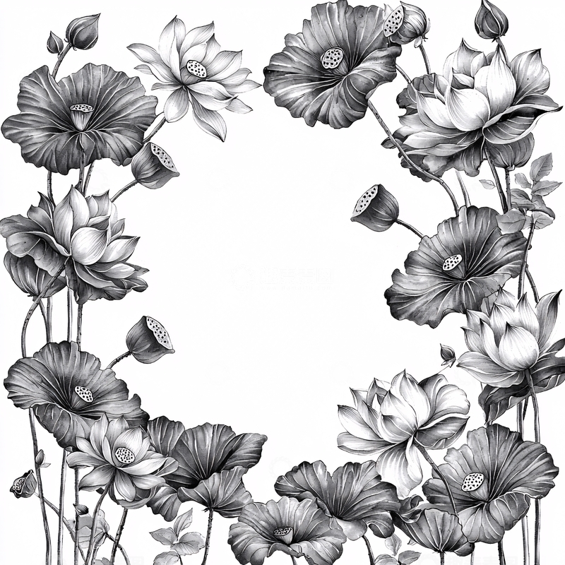 高清大图下载【趣麦麦图】莲花水墨线稿花环