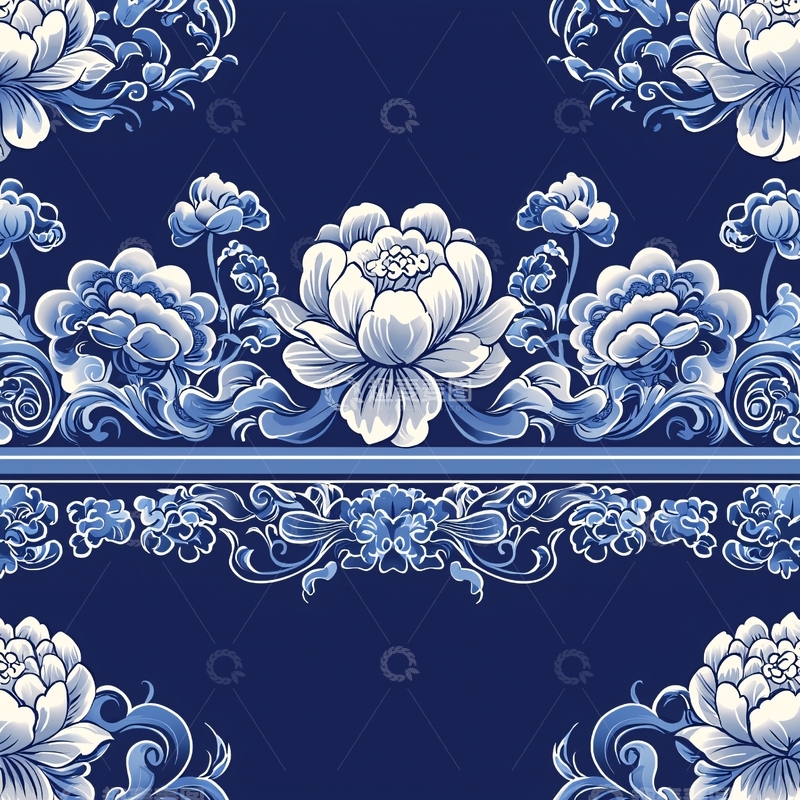 高清大图下载【趣麦麦图】青花瓷风格花卉图案