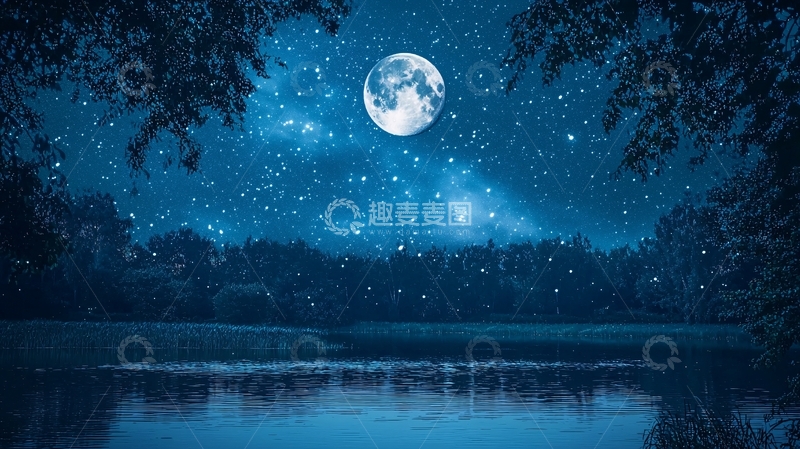 高清大图下载【趣麦麦图】月光下的森林湖泊