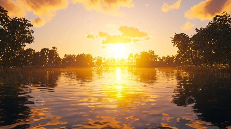 高清大图下载【趣麦麦图】夕阳西下湖面倒影