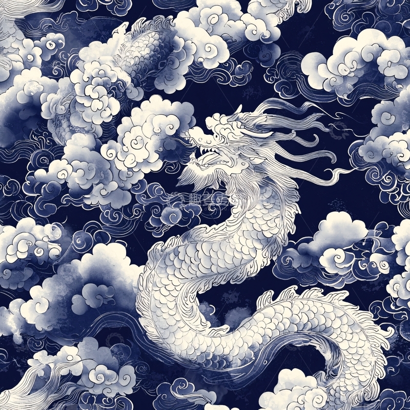 高清大图下载【趣麦麦图】水墨蓝龙