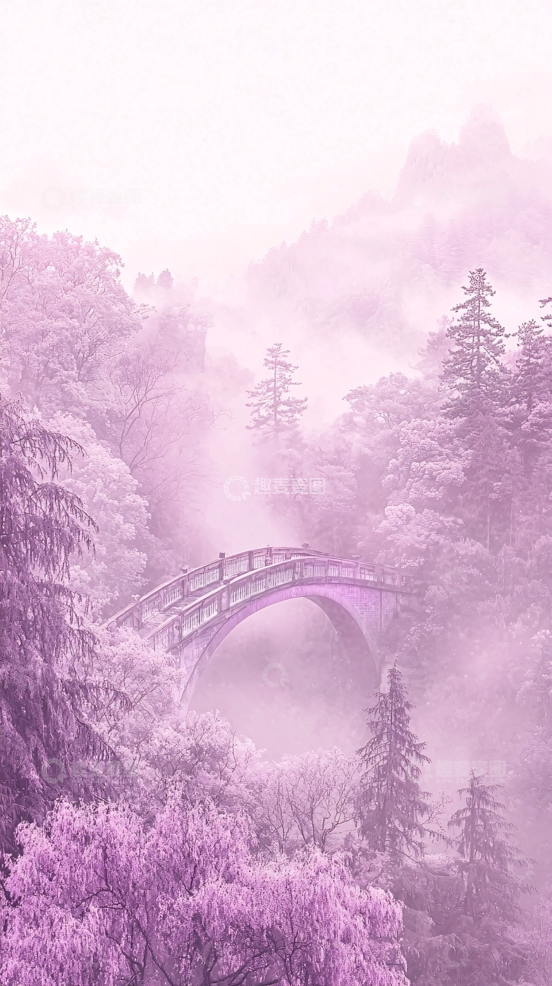 高清大图下载【趣麦麦图】粉色雾气山林拱桥