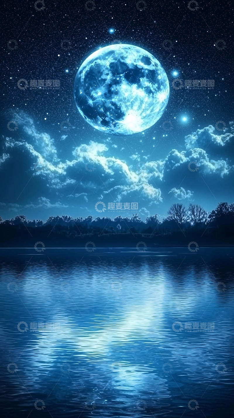 高清大图下载【趣麦麦图】蓝色梦幻星空月亮湖泊倒影