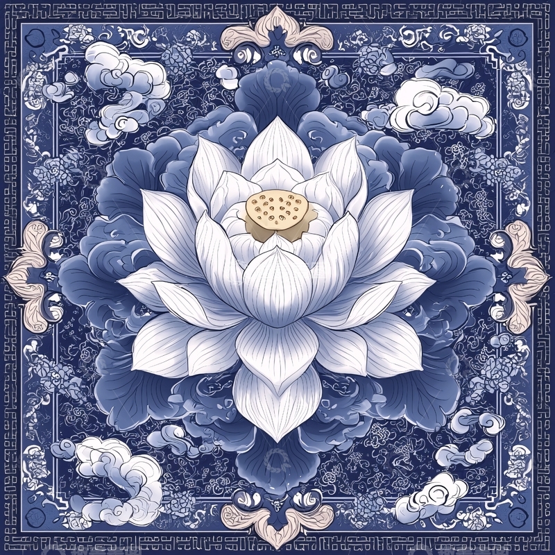 高清大图下载【趣麦麦图】青花瓷风格莲花图案