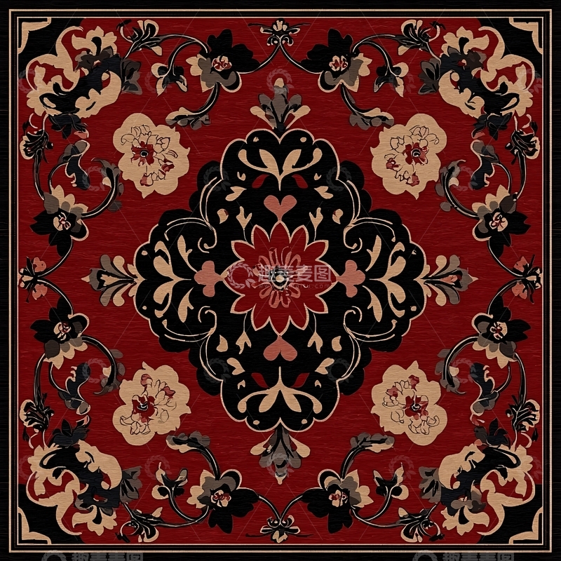 高清大图下载【趣麦麦图】红色花卉图案地毯