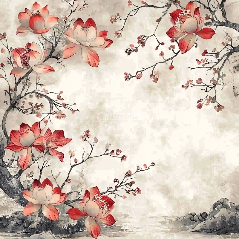 高清大图下载【趣麦麦图】水墨红莲