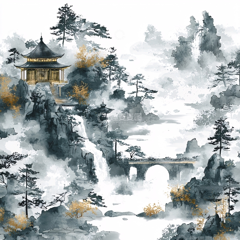 高清大图下载【趣麦麦图】水墨山水间的亭台楼阁