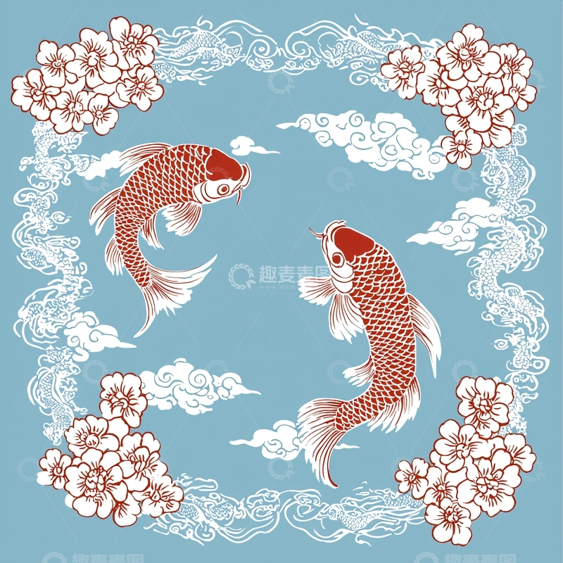 高清大图下载【趣麦麦图】两条红色鲤鱼在水中嬉戏