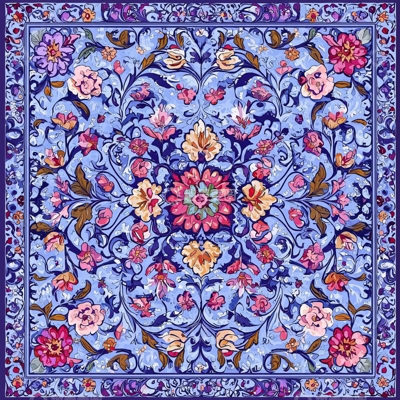 高清大图下载【趣麦麦图】蓝色花卉图案方巾