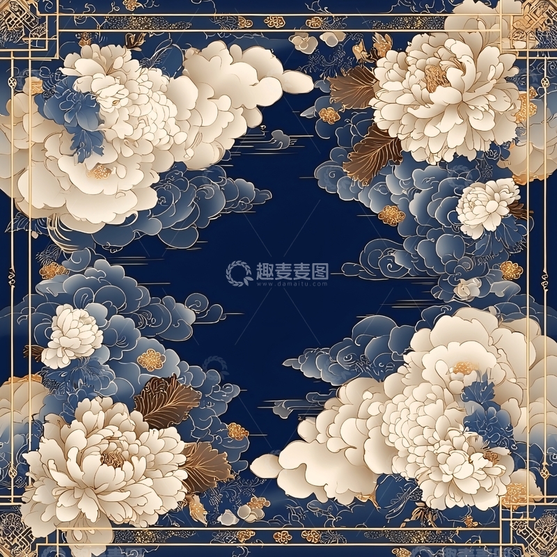 高清大图下载【趣麦麦图】中国风牡丹祥云深蓝色背景