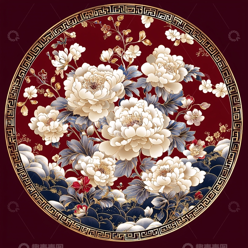 高清大图下载【趣麦麦图】牡丹花卉圆形图案