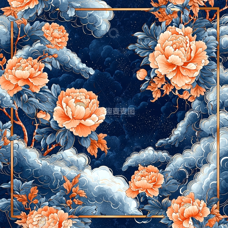 高清大图下载【趣麦麦图】牡丹云海深蓝背景金色边框