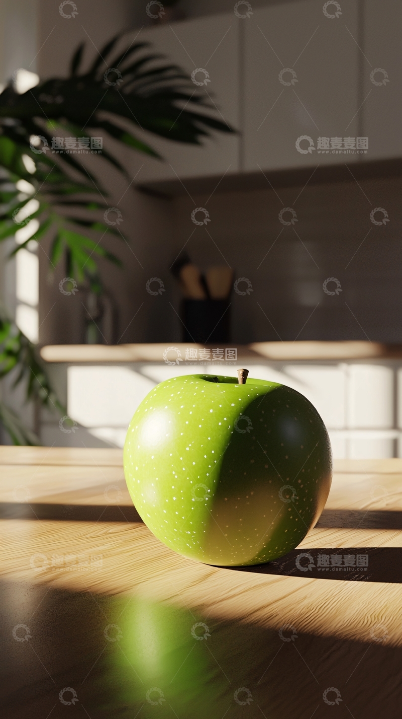 高清大图下载【趣麦麦图】阳光下厨房桌上的青苹果
